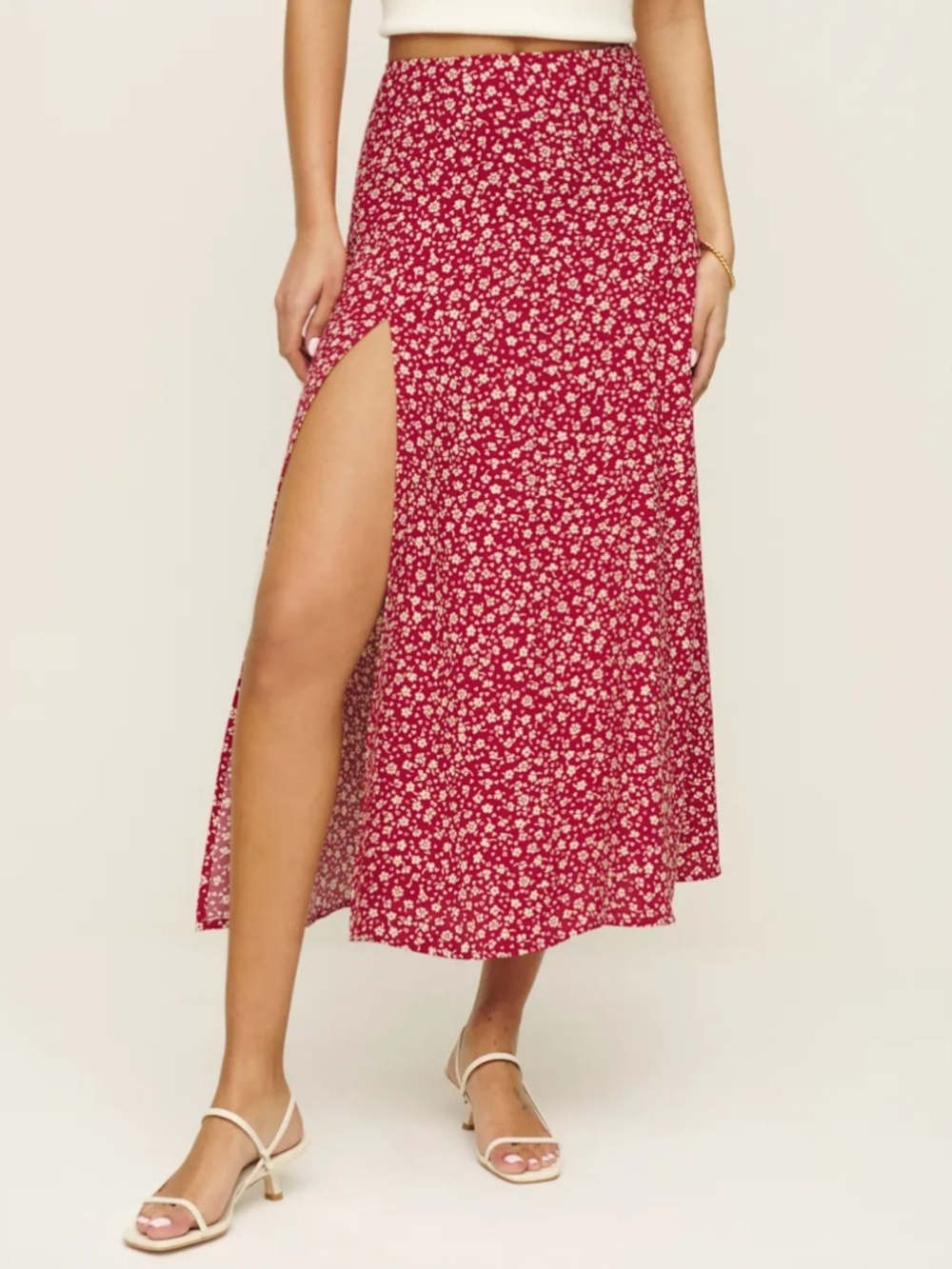 Reformation Zoe Floral Midi Skirt Red Size 2 High Slit